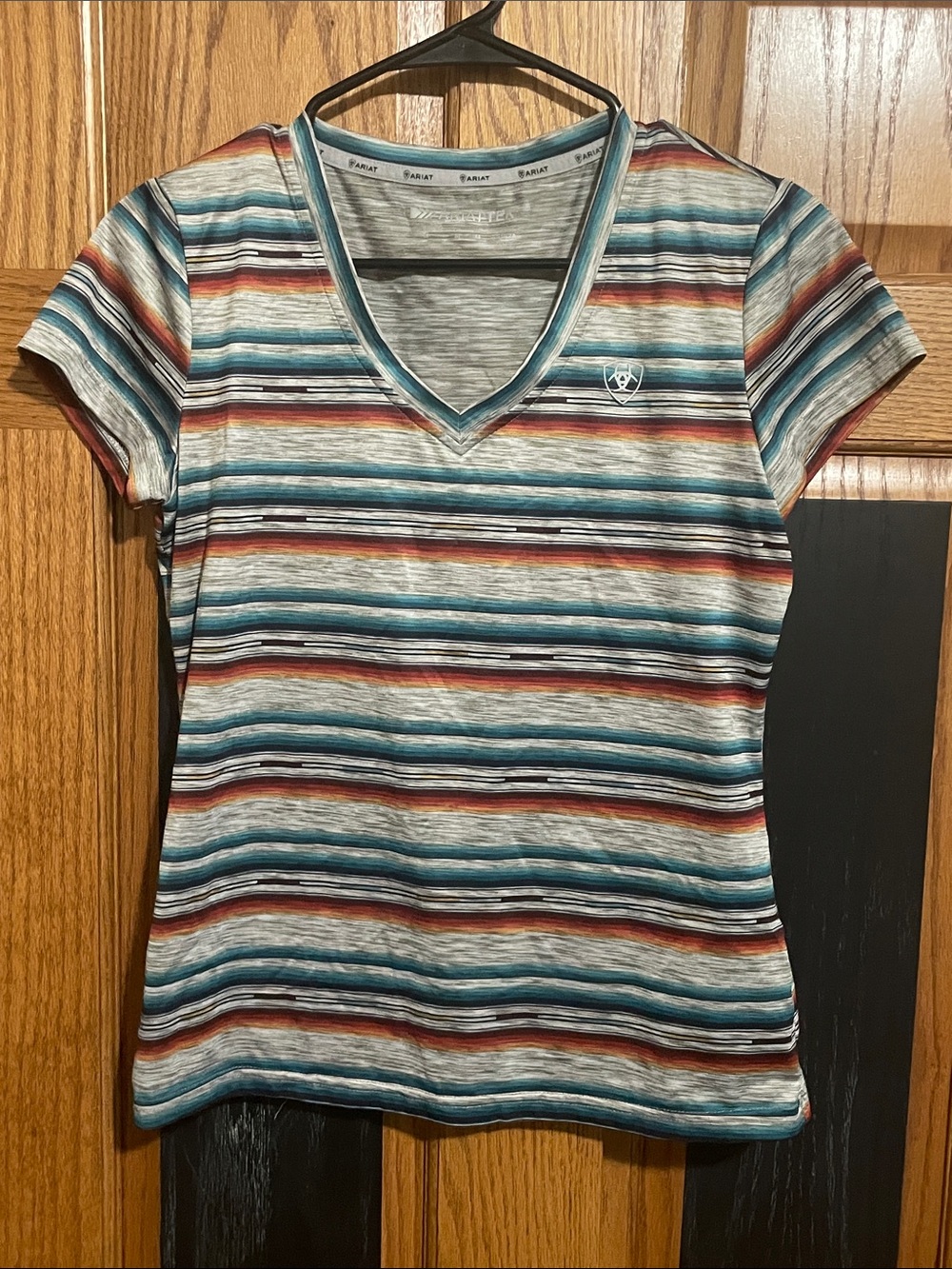 Ariat Women's Striped V-Neck Tee in Teal, Rust & Cream